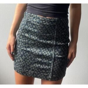 Free People Sz 4 Geometric Boho Mini Skirt Dark Blue & Green Denim Stretch